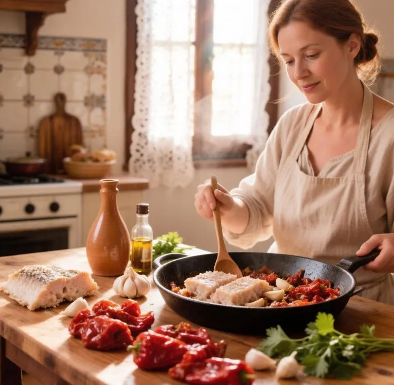 Preparación de la pericana alicantina con bacalao y pimientos secos